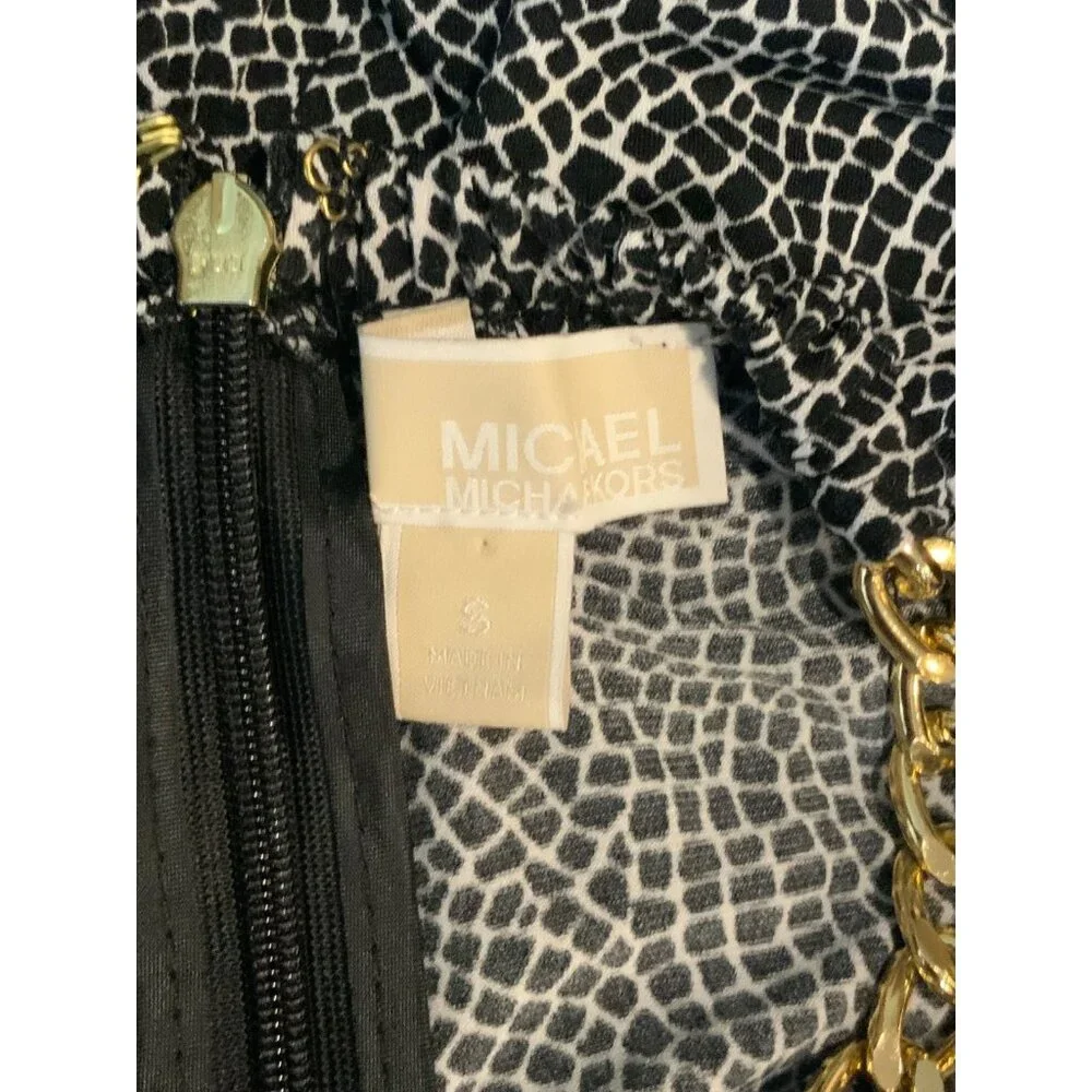 Michael Kors Black White Animal Print Sleeveless Dress W/ Gold Chain, Size S